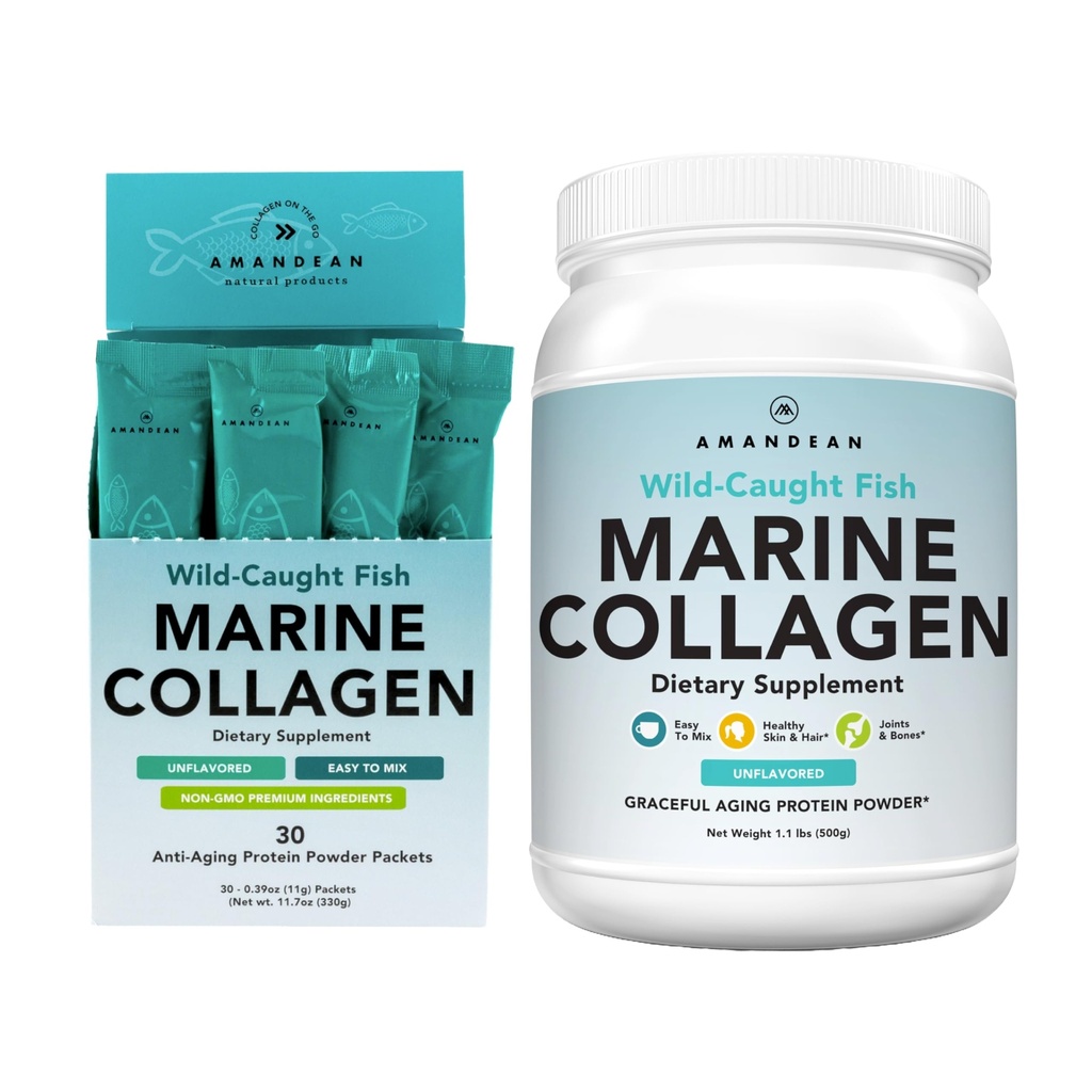 AMANDEAN Marine Collagen Duo. 500g 컨테이너 + 30 여행 팩. Hydrolyzed Fish Collagen Peptides for Skin, 헤어 & 손톱. Pescatarian, Keto & Paleo-Friendly, 불확실한
