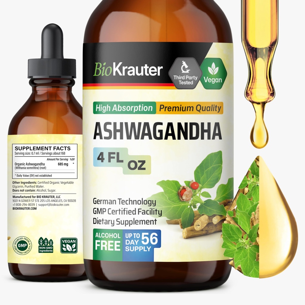 BIO KRAUTER Ashwagandha 액체 드롭 - Calmness - Vegan Mood Support Drops - 알코올 및 설탕 무료 - 4 Fl.Oz.