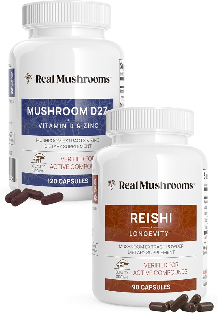 Real Mushrooms Vitamin D2, 아연 (120ct) 및 Reishi 415 (90ct) 번들 Chaga - 면역, 더 나은 수면 및 휴식을위한 자연 지원 - Vegan, Gluten Free, Non-GMO, 유기 버섯 추출물