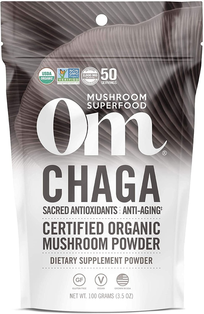 Om 버섯 Superfood Chaga 유기 버섯 분말, 3.5 Ounce, 50 서빙, 미국 Grown, Sacred 산화 방지제 & 면역 지원, Superfood 버섯 보충