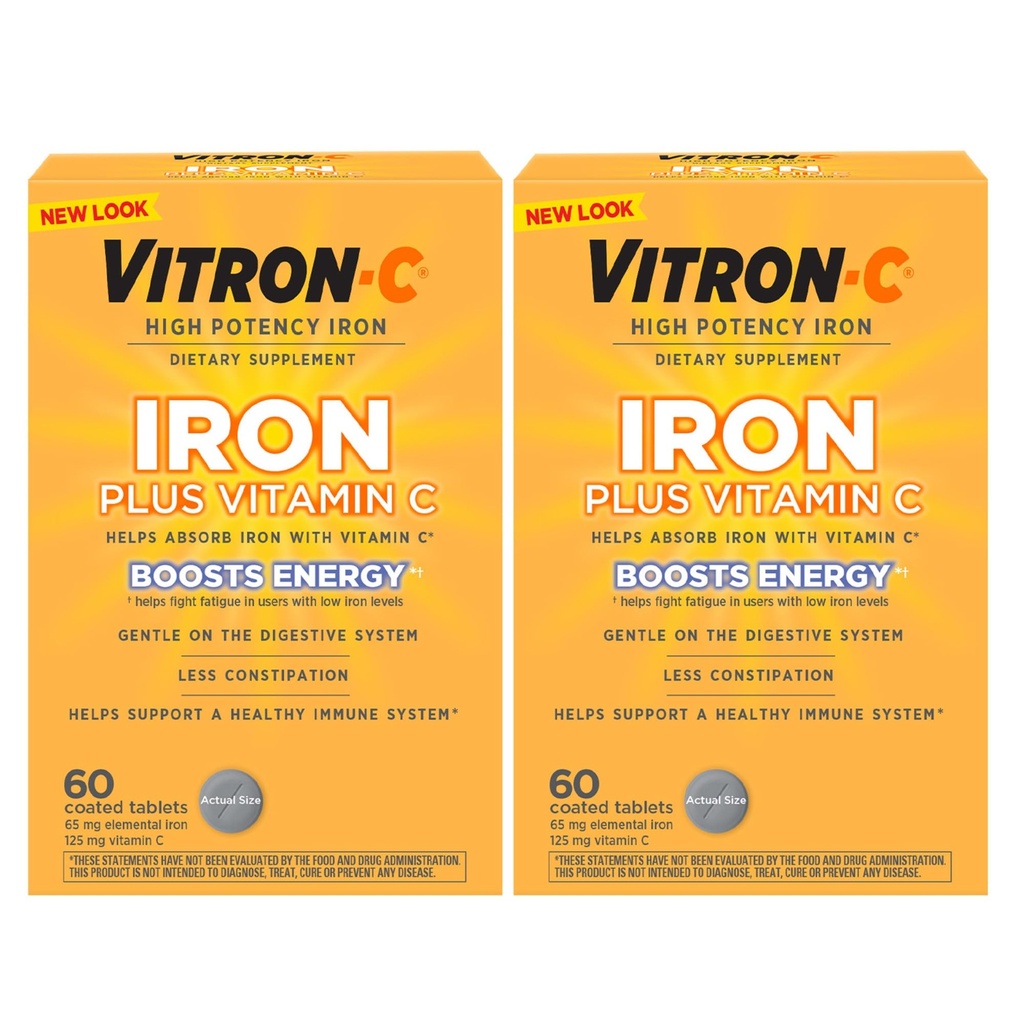 Vitron-C 철 보충교재, 일단 매일, 높은 힘 철 플러스 비타민 C의 지원 빨간 혈액 세포 생산, 염료 자유로운 정제, 60 조사, 2 팩