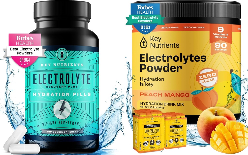 KEY NUTRIENTS Hydration & Energy Electrolyte 번들 – 전해질 정제 & 열대 복숭아 망고 멀티비타민 분말, 설탕 무료