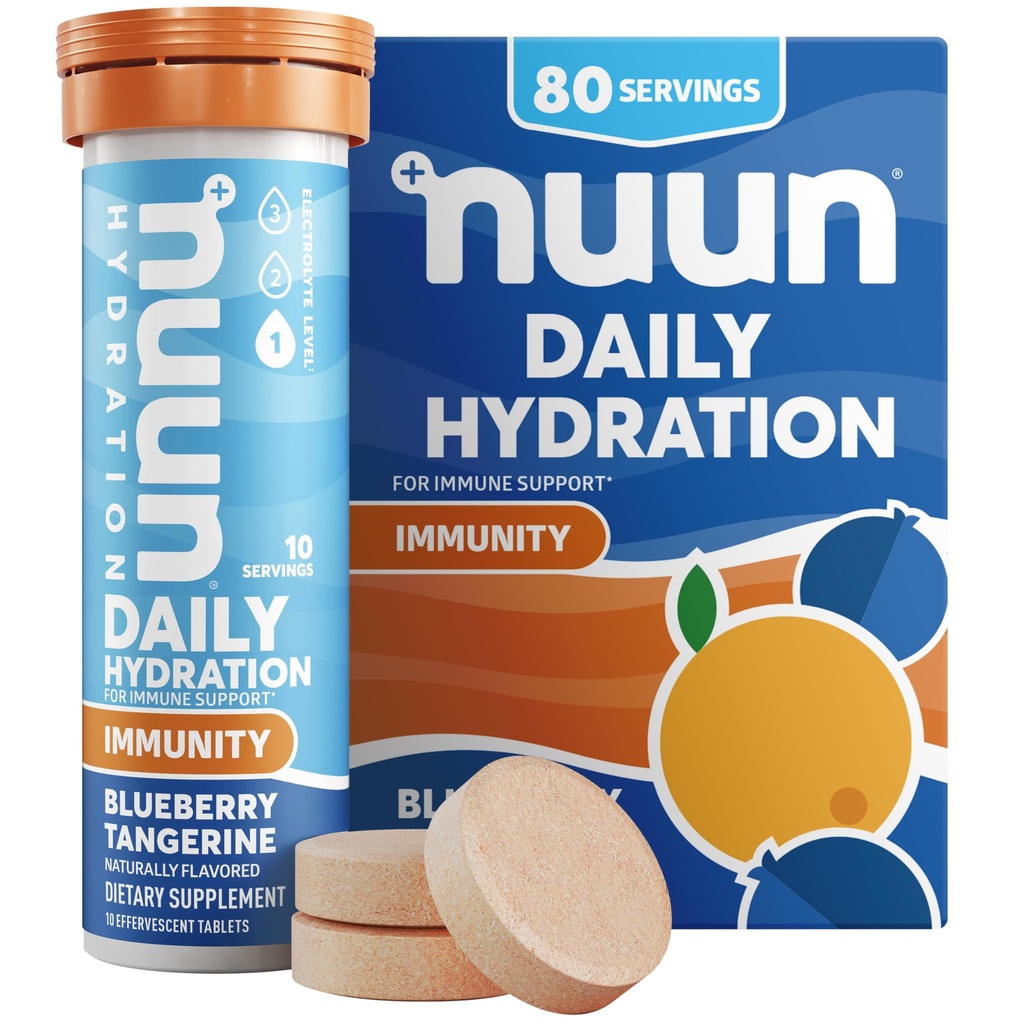 Nuun Immunity 비타민 D, C, E, & A, Ginger, Elderberry, 마그네슘 및 4 다른 필수 전해질, Vegan, Blueberry Tangerine, 8 팩 (80 서빙 총)