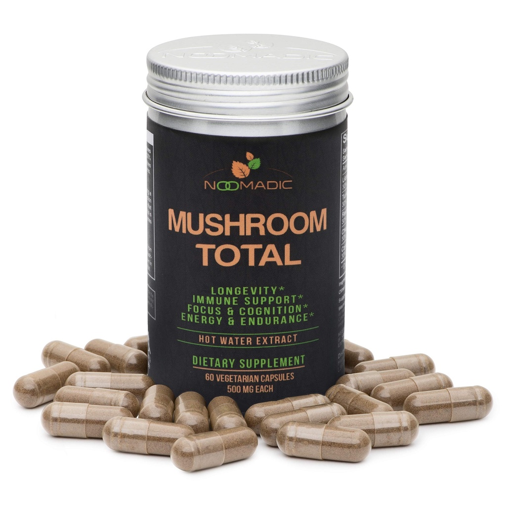 Noomadic 버섯 합계, 60의 캡슐, 500mg, 30% beta 포도당, 사자 Mane, 터키 꼬리, Chaga, Reishi, Cordyceps의 뜨거운 물 추출물, 과일 Bodies의 Adaptogenic 버섯 복잡한.