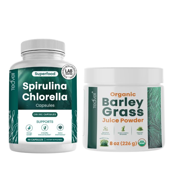 Teaveli Spirulina와 Chlorella 캡슐과 Orgaic Barley 잔디 주스 분말 뭉치