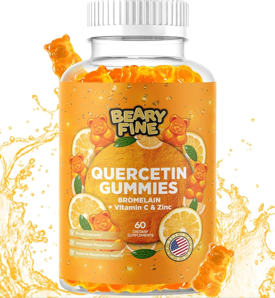 Bromelain Gummies와 Quercetin - 비타민 C + 아연 & 비타민 D3 - 추가 강도 면역 지원 부스터 - 60 Quercetin Gummies - 미국에서 만든
