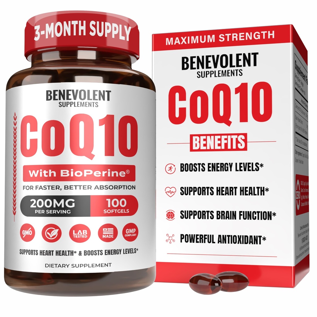 최대 흡수를 위한 BioPerine®를 가진 Benevolent 순수한 CoQ10 200mg Softgels, 심장 건강을 위한 Ubiquinone Coenzyme Q10 보충교재, 에너지 생산, 건강한 시효 & 산화 방지제 지원, 100 Softgels