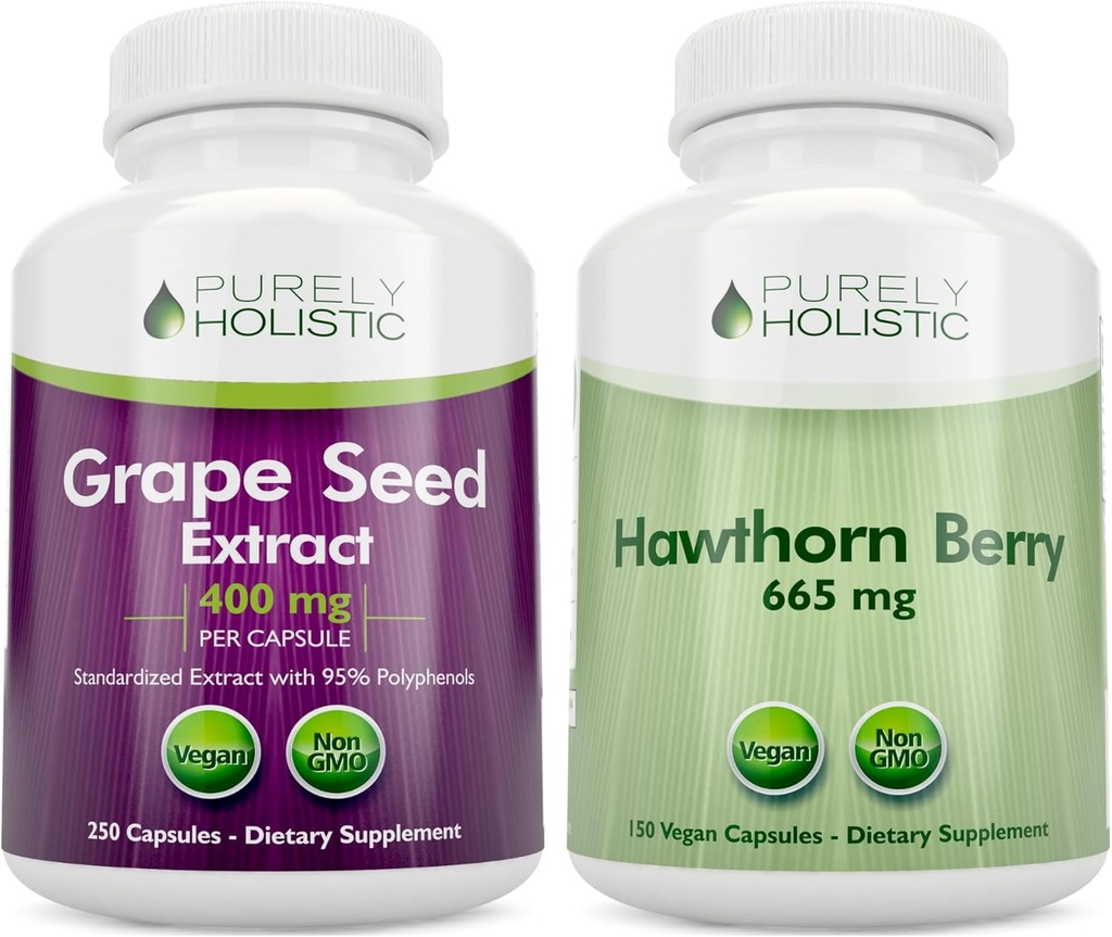 Purely Holistic 포도 씨앗 추출물 400mg + Hawthorn Berry 665mg 번들 - 400 Vegan 캡슐 - 미국에서 만드는