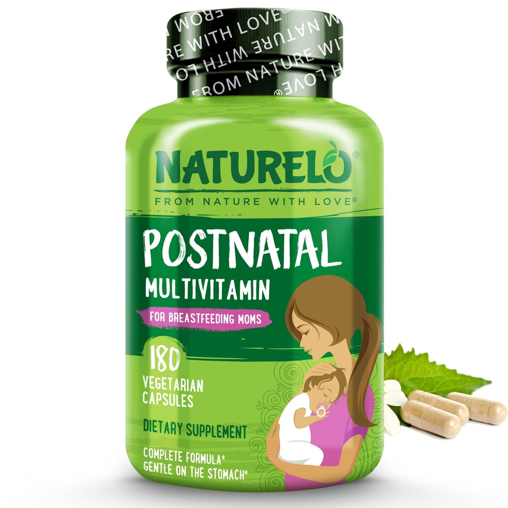 NATURELO Postnatal Multivitamin - 모유 수유 여성을위한 보충 - 식물 기반 비타민 D, Folate, Gentle Iron - 간호 엄마, 아기를위한 - Natal Lactation 지원 180 캡슐