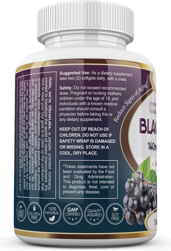 vibraxlabs 블랙 커런트 오일 1000mg - Hexane 무료 - 높은 GLA 포뮬러와 천연 노화 방지 - 머리, 피부, 관절 및 눈 건강 지원 - 프리미엄 블랙 커런트 씨 오일 Softgel 보충