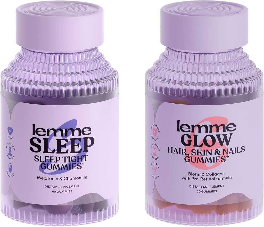Lemme Sleep & Glow Bundle - 수면 Gummies, 약물없는 야간 원조 및 Glow Biotin & Collagen Hair Gummies for Strong, Thick Hair & Reduced Shedding - Gluten/Gelatin Free, Non-GMO - 60 Ct. 각