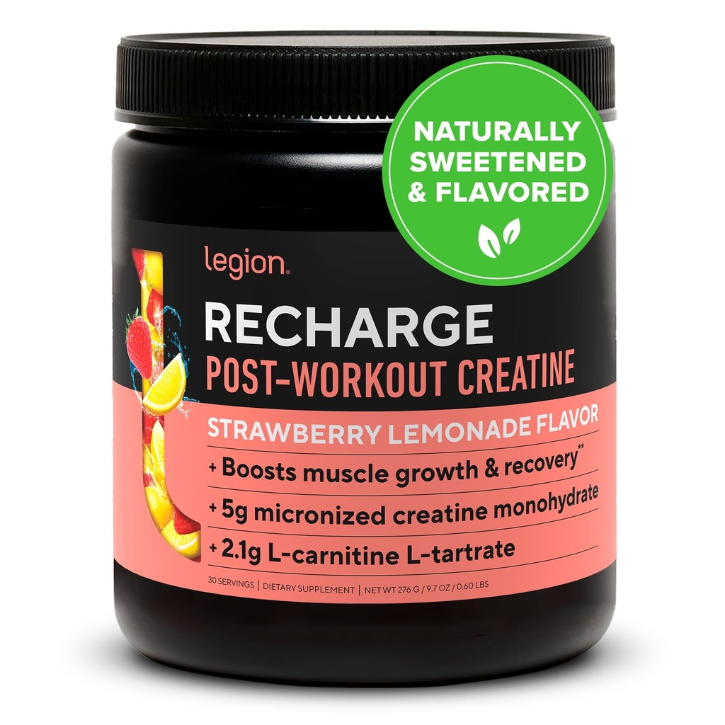 LEGION 재충전 포스트 운동 음료 - Micronized Creatine Monohydrate 자연적인 포스트 운동 회복 음료 - 근육 건축업자 & 회복 승압기 포스트 운동 보충교재 (Strawberry Lemonade, 30의 서빙)