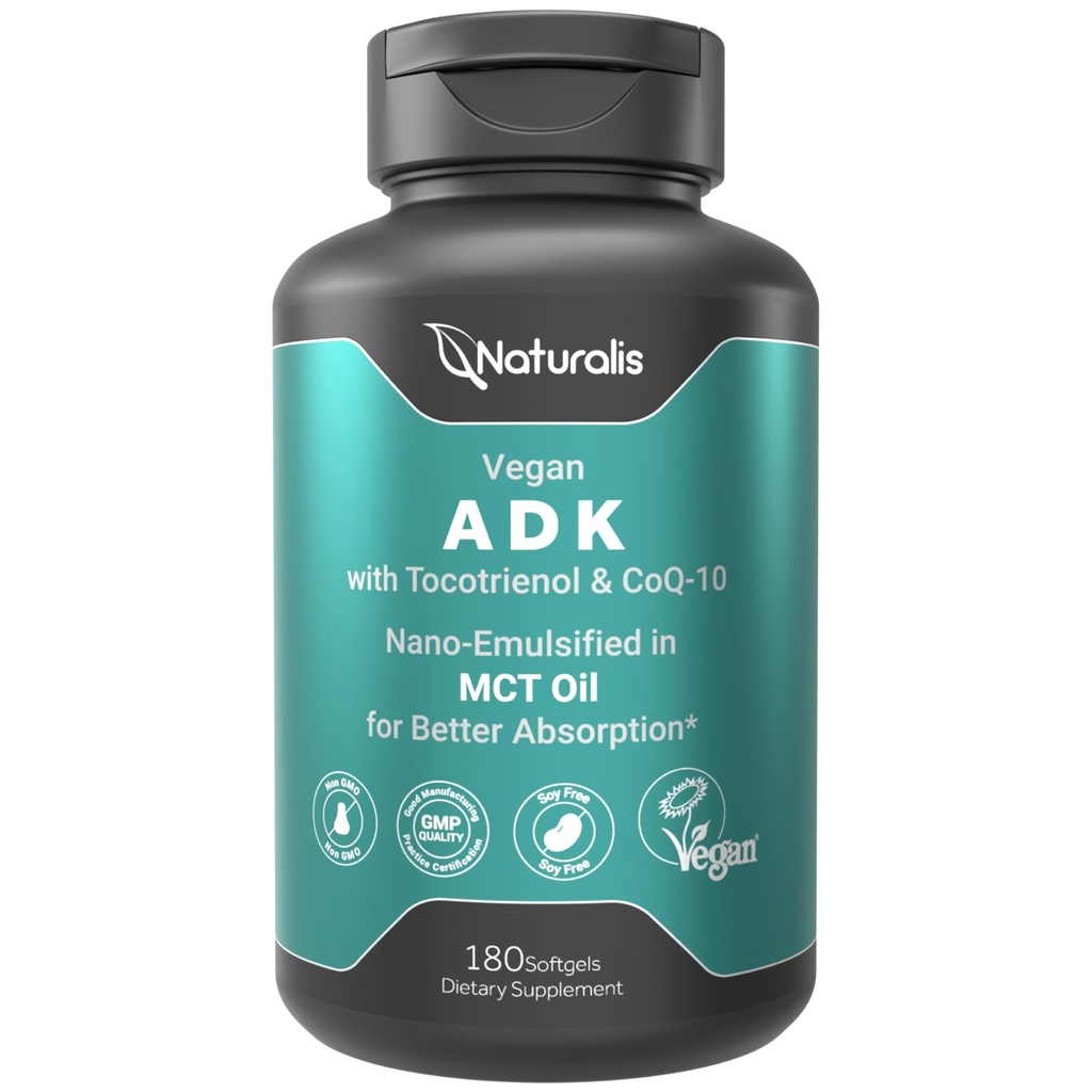 50mg Tocotrienol 및 CoQ-10을 가진 Naturalis Vegan 비타민 ADK | 더 나은 Absoprtion를 위한 EVOO에서 Nano-Emulsified | Non-GMO, Soy Free and Vegan Society 인증 | 180 Veggie Softgel (Carrageenan Free)
