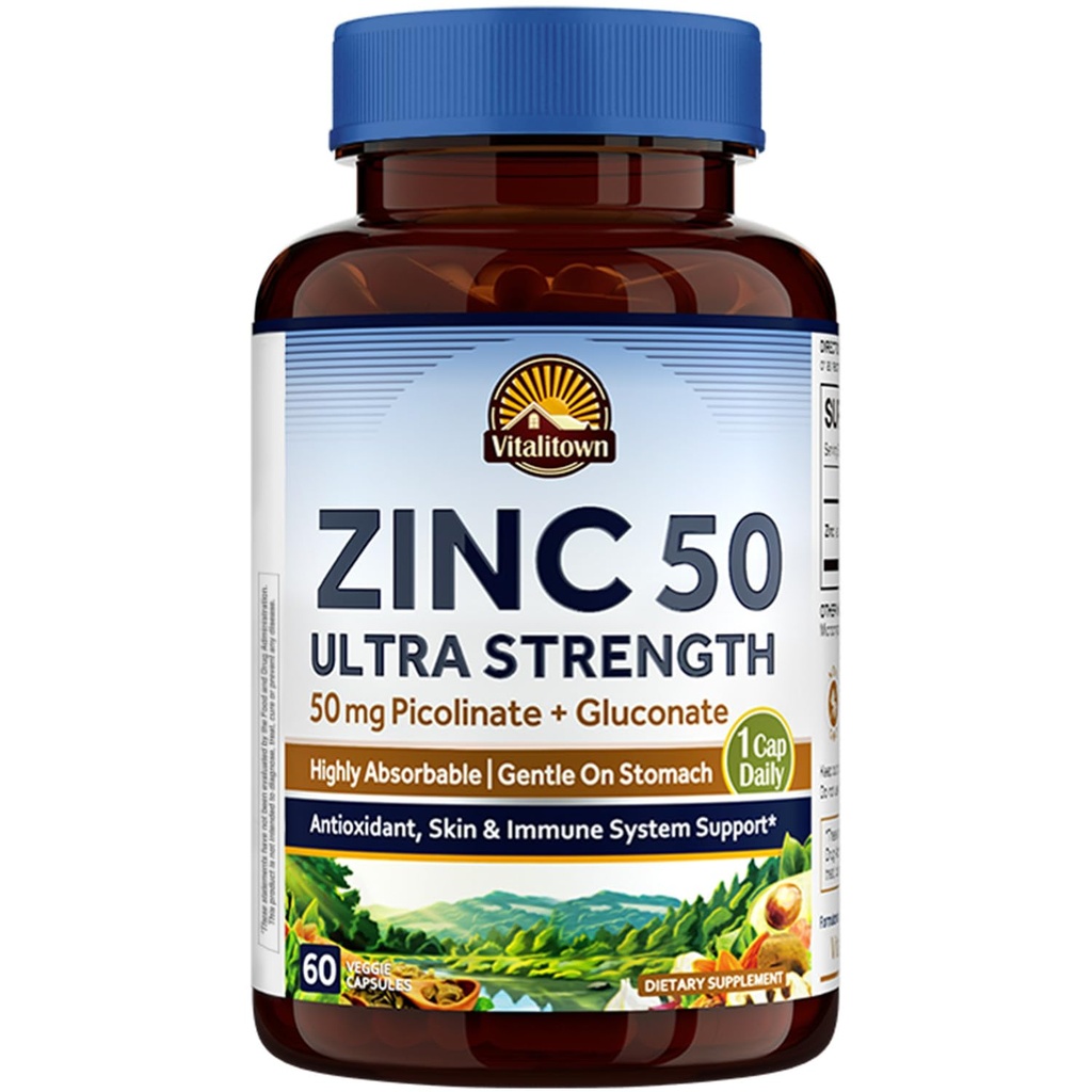 Vitalitown 킬레이트 아연 50 mg, 아연 Picolinate & Gluconate, 60 Veggie 캡슐, 잘 아bsorbed, 면역 체계, 건강한 피부 & 발달, Vegan, 아니 글루텐, 비 GMO