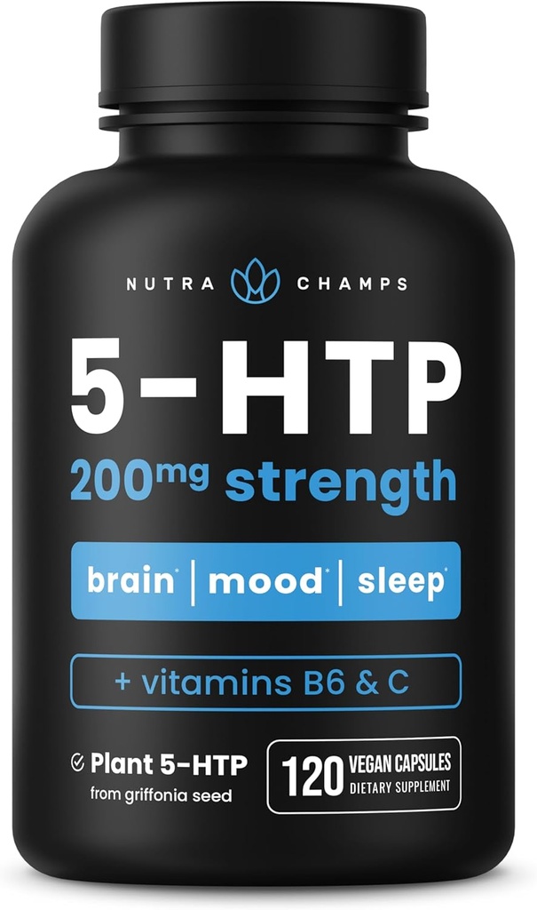 NutraChamps 5-HTP 200mg, 120 Vegan 캡슐, 순수한 5HTP 100mg 플러스 Co-Factors 비타민 B6 & 비타민 C
