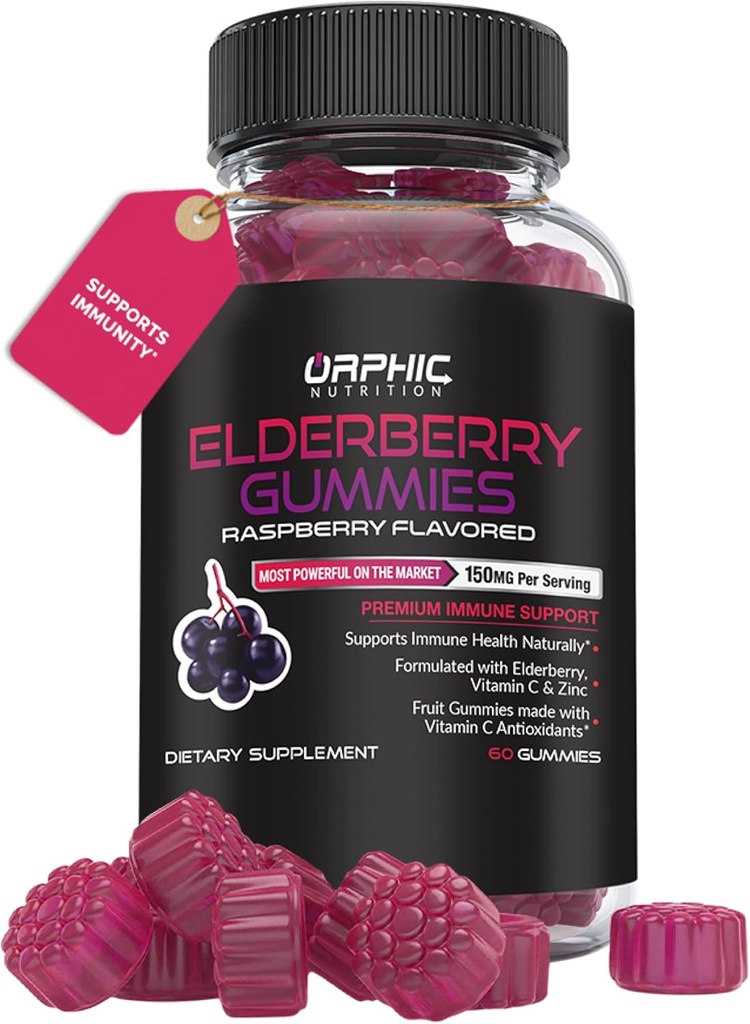 ORPHIC 영양 Elderberry Gummies 비타민 C와 아연 - 60 카운트 - 남성, 여성 및 어린이를위한 면역 지원 보충교재 * - Elderberry 비타민 C - Elderberry 100MG
