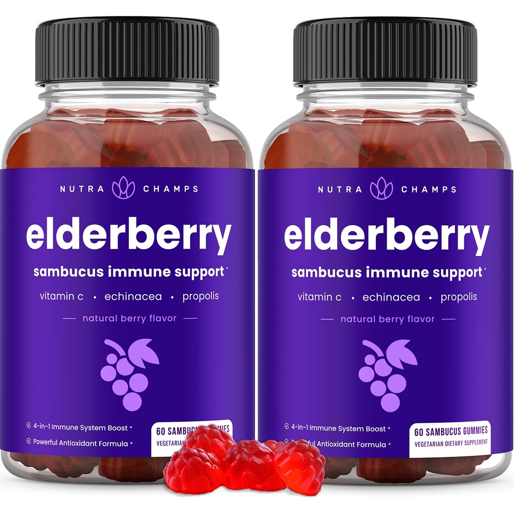 NutraChamps Elderberry Gummies, 성인 & 아이를 위한 Sambucus Elderberry Gummies, 비타민 C, 프로 폴리스 & Echinacea, 최대 힘 Immune 지원 Gummies, 자연적인 Berry 풍미, 120의 Gummies (2의 팩)