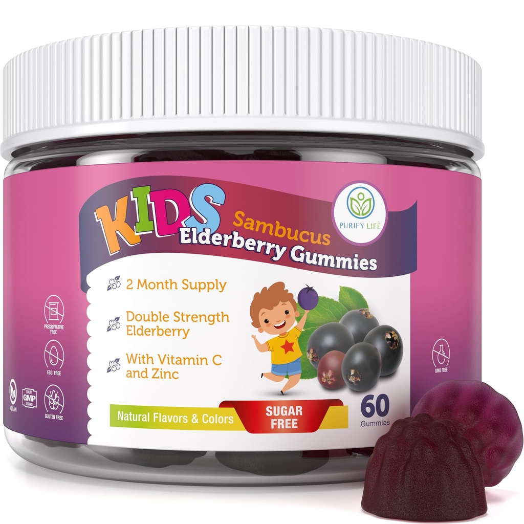 비타민 C & 아연을 가진 생활 설탕 자유로운 아이 Elderberry Gummies를 순화하십시오 – 아이들을 위한 매일 면역 지원 보충교재, Sambucus Antioxidant, Vegan, 60 Ct