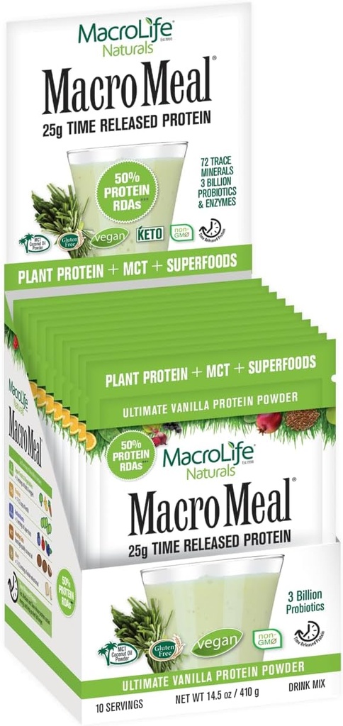 MacroLife Naturals MacroMeal Vegan Vanilla Superfood 보충교재 분말 단백질 + 녹색, Probiotics, 소화 효소, 섬유 - 에너지, Detox, Immune - 비 GMO, 글루텐 프리 - 10 패킷 서빙