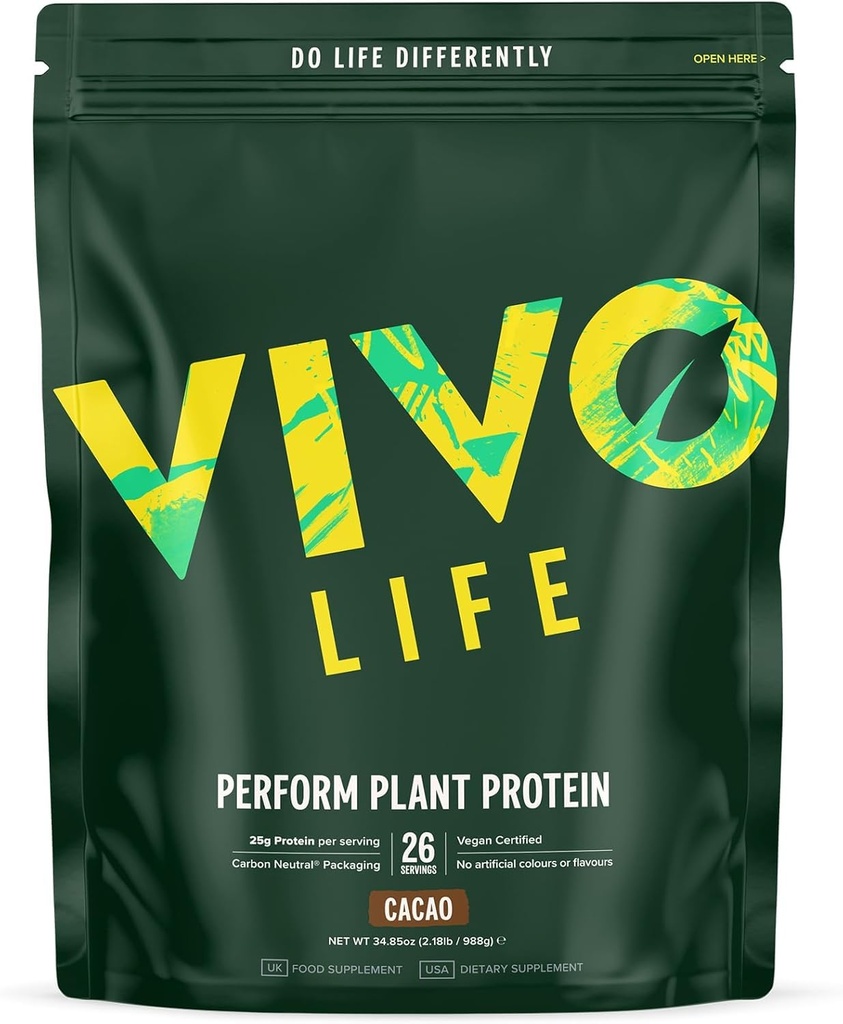 Vivo life Perform Plant Protein Powder | 25g Protein with 6g BCAA, Iron, 아연, Turmeric & Herbal Enzyme Blend | 락토스 프리 & 다이제스트, 플랜트 기반 영양 OK | Raw Cacao - 26 서빙