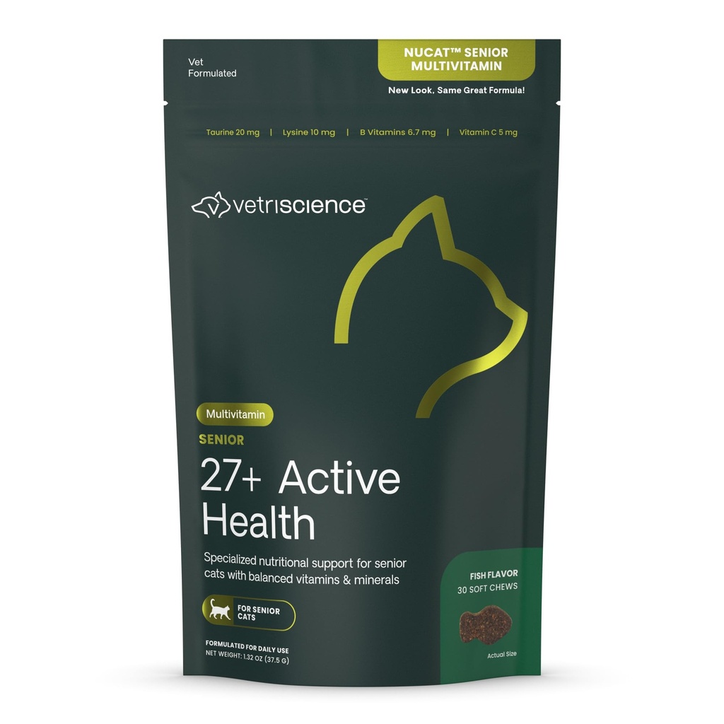VetriScience 수석 27 + 활성 건강 Chews, 수석 고양이를위한 Nu Cat Daily Multivitamin, 균형 비타민, 미네랄 및 산화 방지제, 건강한 노화 및 웰빙 지원, 물고기, 30 조사