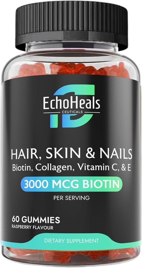 머리, 피부 & 네일 Gummies | 바이오틴 교원질 비타민 C & E 보충교재 | 3000mcg Biotin | 라즈베리 맛 | 60 Gummies
