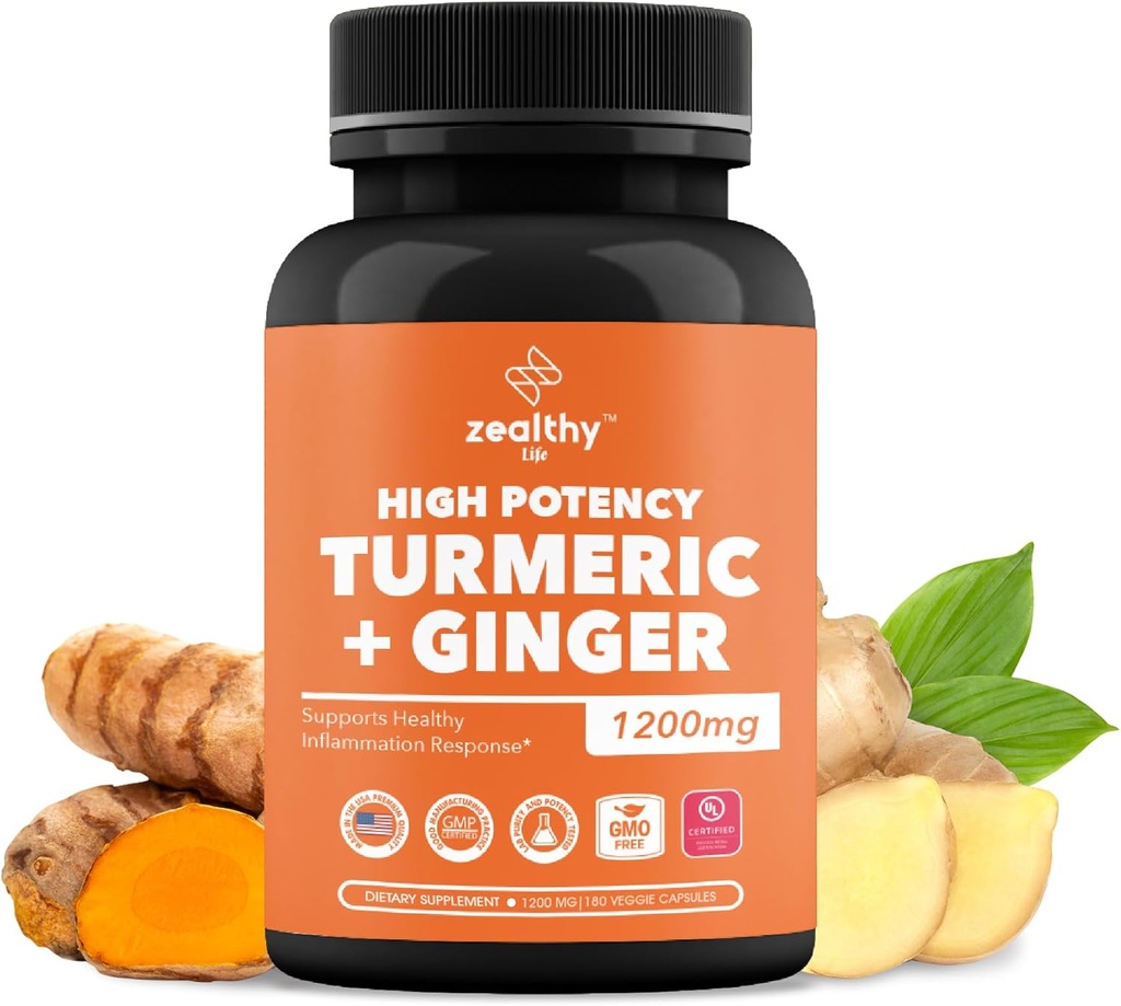 심황 + 생강 캡슐 1200mg | 관절 편안함, 염증 지원 및 소화 건강 * | 180 개 | Zealthy Life High Potency Turmeric Ginger Supplement | 1200mg