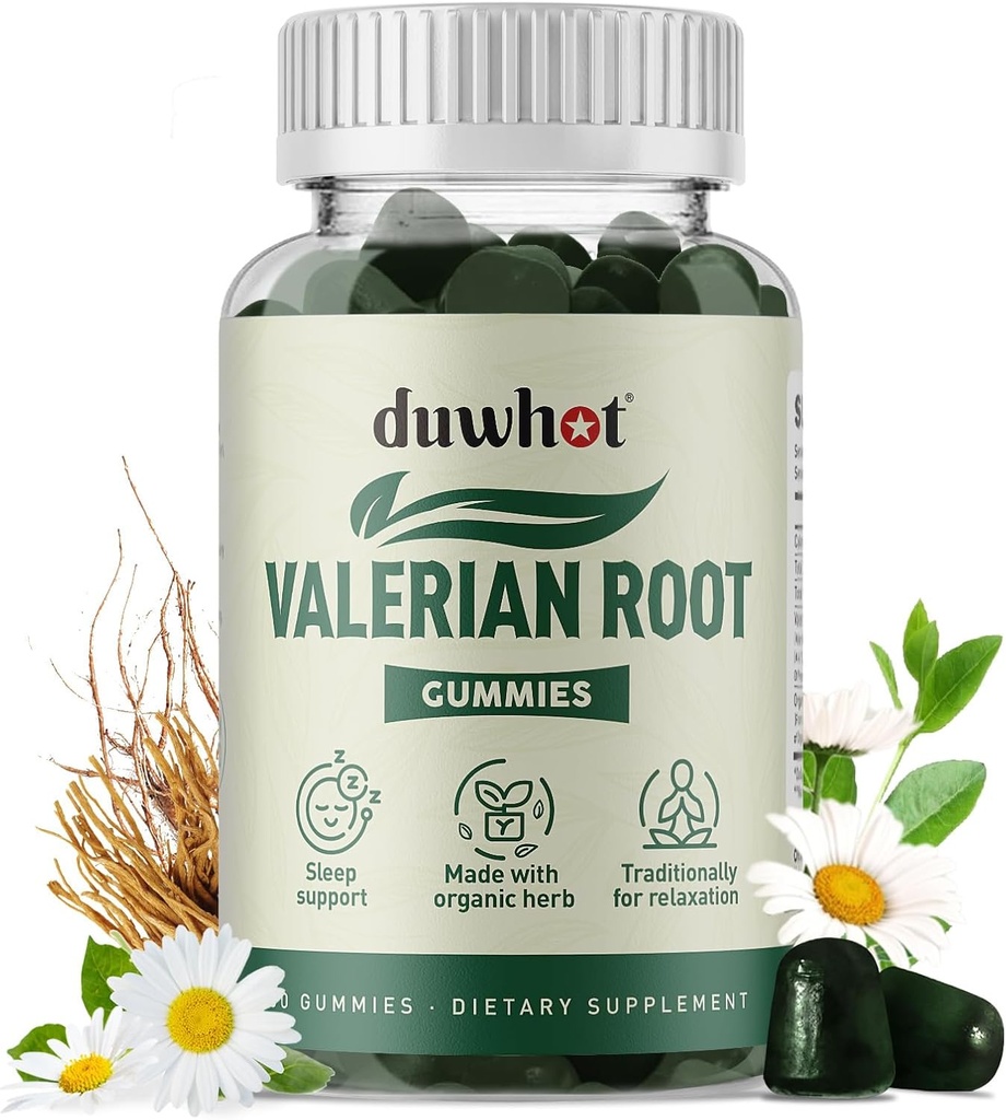 Valerian Root Gummy, 수면 및 스트레스 완화를위한 유기 Valerian 뿌리, 성인을위한 Chamomile Flower, Kids-Friendly, Apple 풍미, 60 카운트 강화