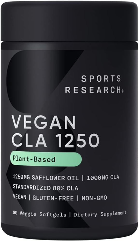 스포츠 연구 Vegan CLA - 남성 및 여성을위한 Active Conjugated Linoleic Acid가있는 1250mg | Non-GMO, Soy & Gluten Free - 80 % (90 Softgels)