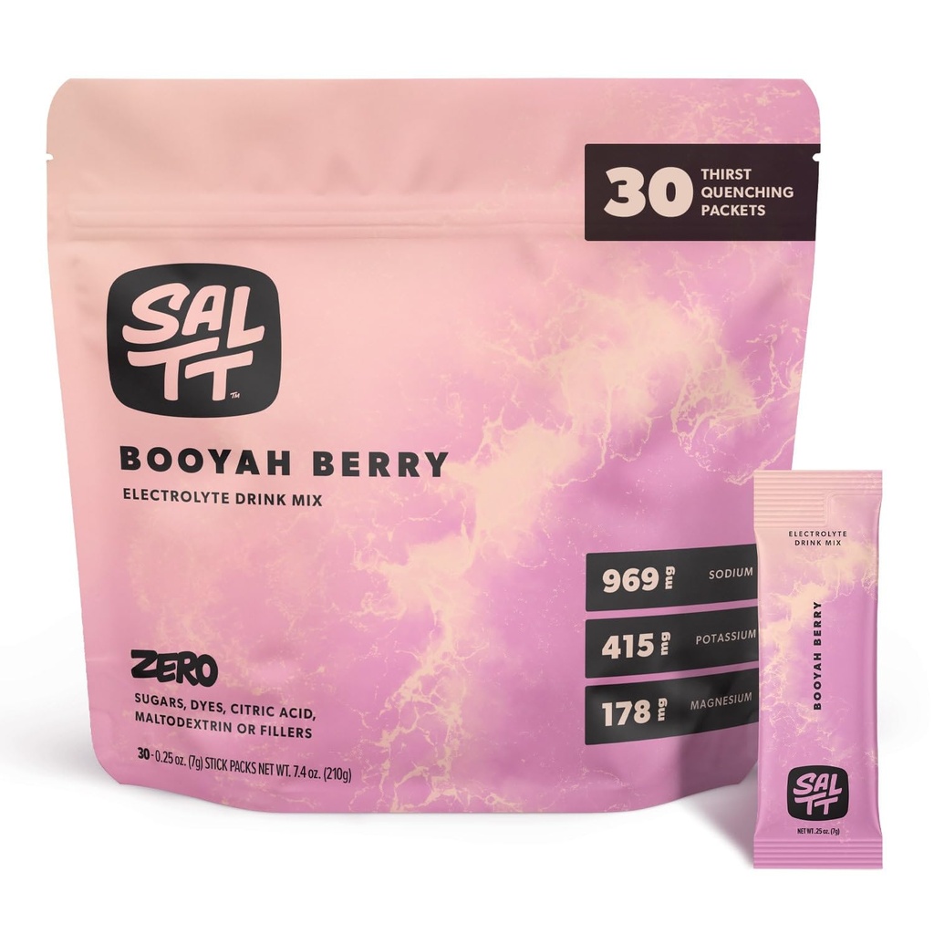 SALTT 전해질 분말 맛 음료 믹스 - Booyah Berry - 30 Hydration Packets - 마그네슘, 칼륨, 나트륨, 추적 미네랄 - Zero Sugar & 글루텐 무료 - 여행 필수