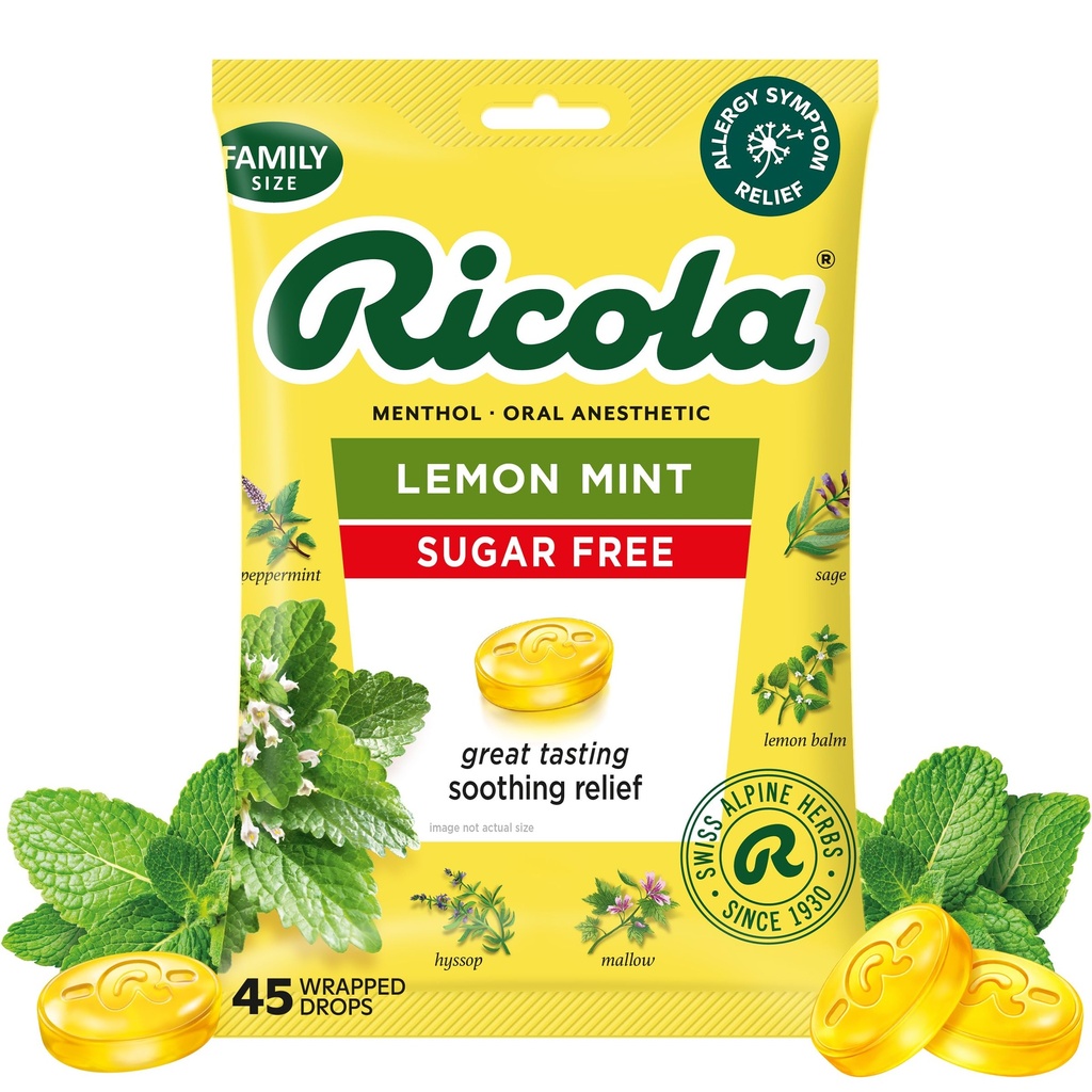 Ricola Sugar Free Lemon Mint Throat Drops, 45 카운트, Minor Throat Irritations, 구두 마취에서 완화