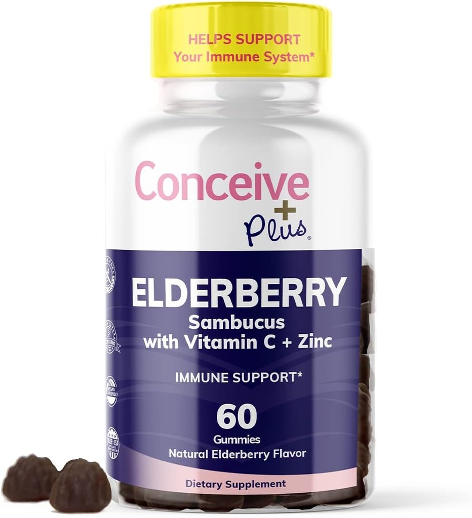 CONCEIVE PLUS Elderberry Gummies - 비타민 C & 아연, 맛있는 블루 베리 맛, 60 카운트, 30 일 공급과 Sambucus Black Elderberry