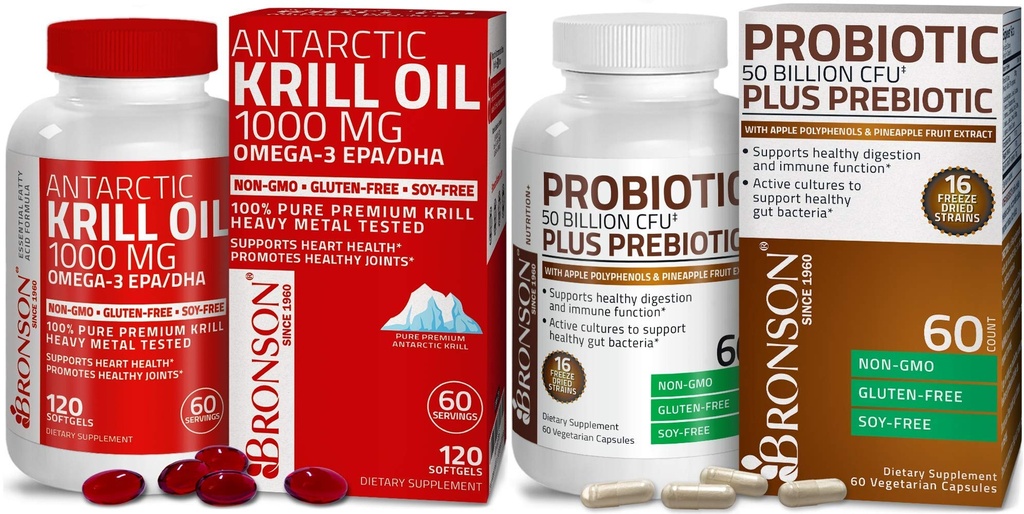 Bronson Probiotic 50 억 CFU + Apple Polyphenols & Pineapple Fruit Extrac Antarctic Krill Oil 1000 mg 와 Omega-3s EPA DHA