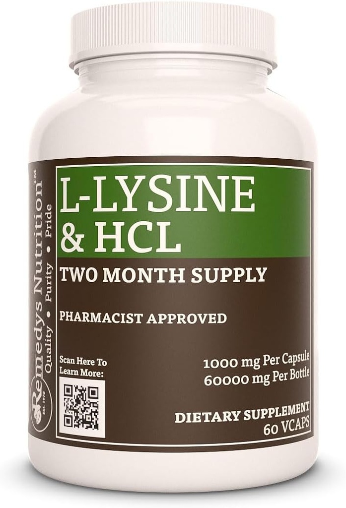 Remedy의 영양 L-Lysine HCL | 1,000 mg, 60 Vegan 캡슐 아미노산 규정식 보충교재 | 2 달 공급