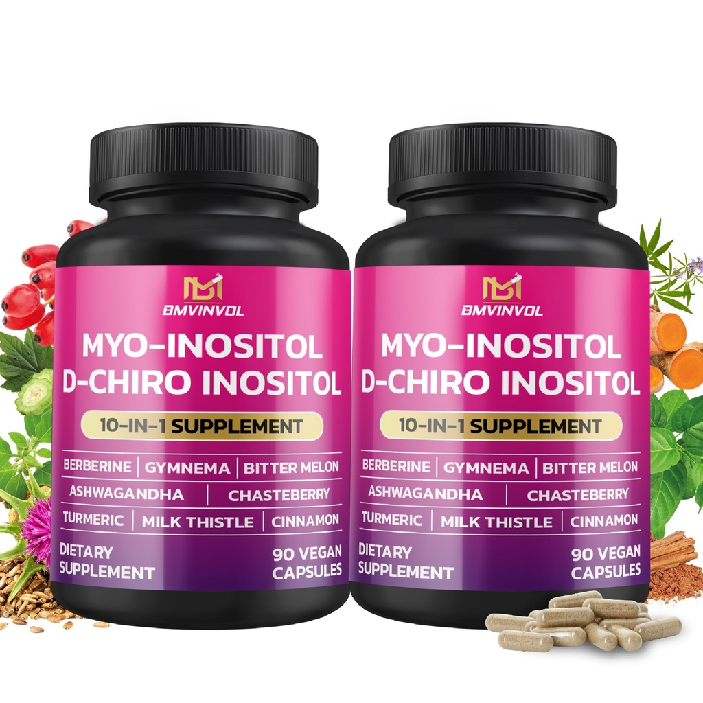BMVINVOL 2 팩 Inositol 보충교재 Myo-Inositol와 D-Chiro Inositol 이상 40:1 비율 - 플러스 Berberine, Cinnamon, Ashwagandha+5 More-60 일 공급