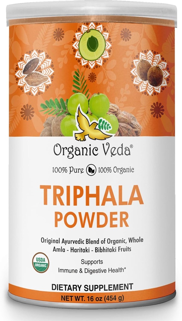 Amla, Haritaki, Bibhitaki 과일과 유기 Veda Triphala 분말 - 100 % 천연 Ayurvedic Triphala 분말 - 면역 지원, 소화, 콜론 클렌징, 피부 건강 개선 - Vegan, Non-GMO - 16oz