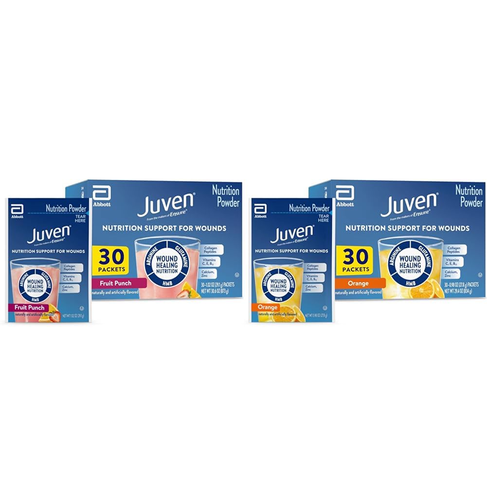 부상 치유 지원을 위한 Juven Therapeutic 영양 음료 혼합 분말, 교원질 단백질, 오렌지 30 조사 & 과일 펀치 30 조사, 60 총 소포 포함