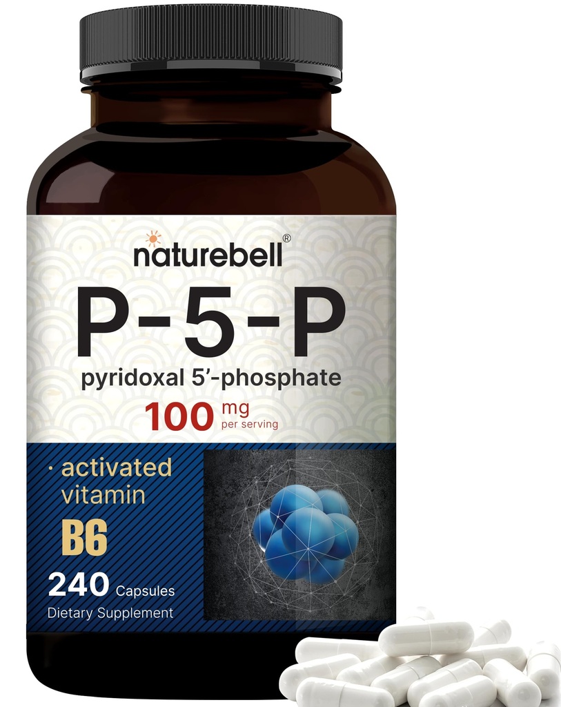 NatureBell P5P 비타민 B6 100mg 서빙 당, 240 캡슐 | 활성 Pyridoxal 5 인산염 보충제 - 뇌 및 기억 건강을위한 필수 B 비타민 - Non-GMO
