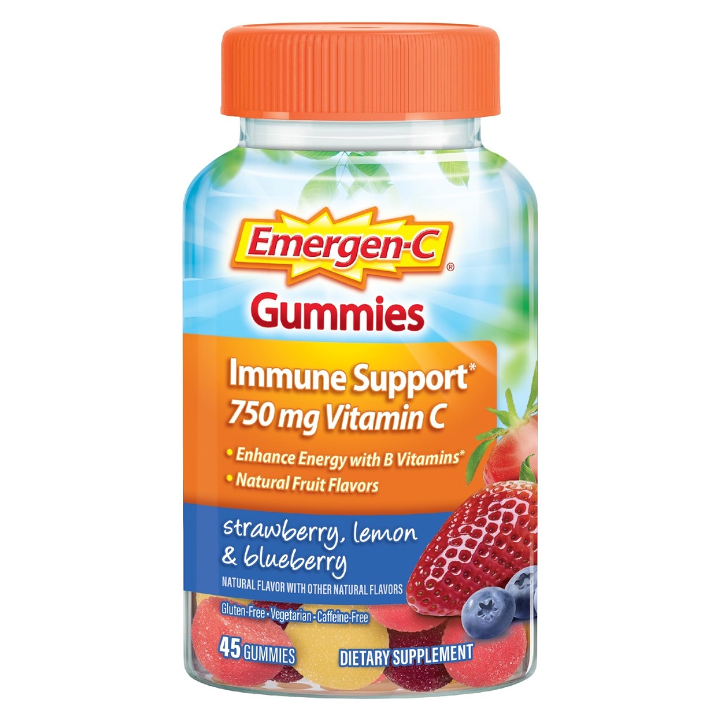 성인을위한 Emergen-C 750mg 비타민 C 구미, 면역 지원 구미, 글루텐 무료, 딸기, 레몬 및 블루 베리 맛 - 45 개