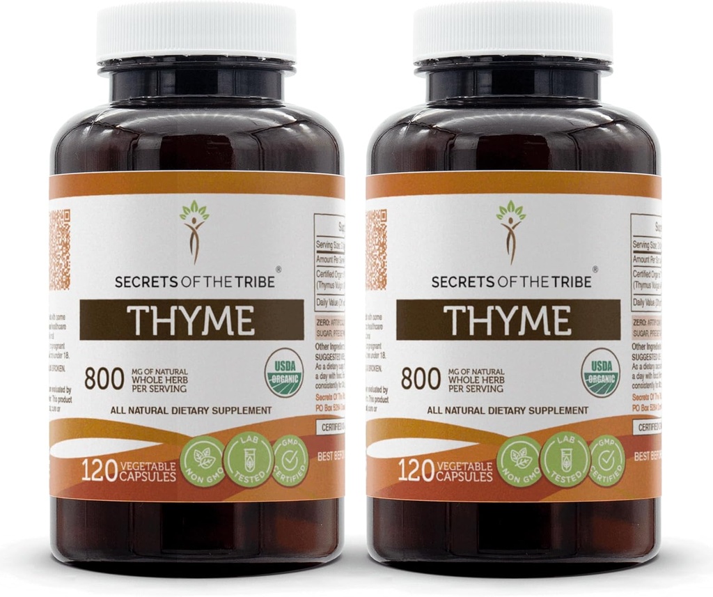 Tribe Thyme 2x120 캡슐의 비밀, 야채 캡슐 및 USDA 유기 Thymus Vulgaris Toni 효과 (2x120 캡슐)로 만든