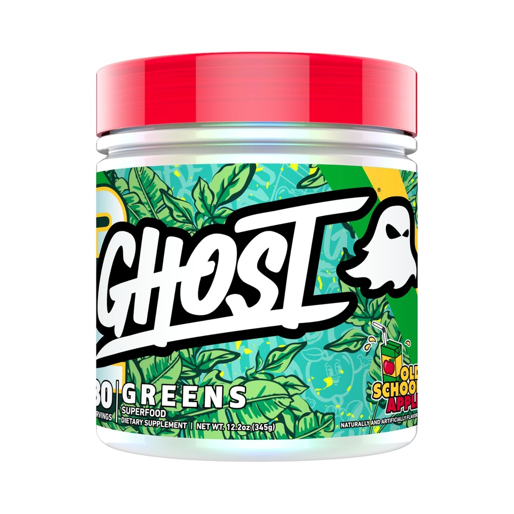 GHOST Greens Superfood Powder, Old School Apple - 30 서빙 - 19 슈퍼 그린 & 레드, 과일, 야채, Spirulina, & Chlorella, Prebiotics, 10 억 CFU Probiotic & 소화 효소 - Soy-Free