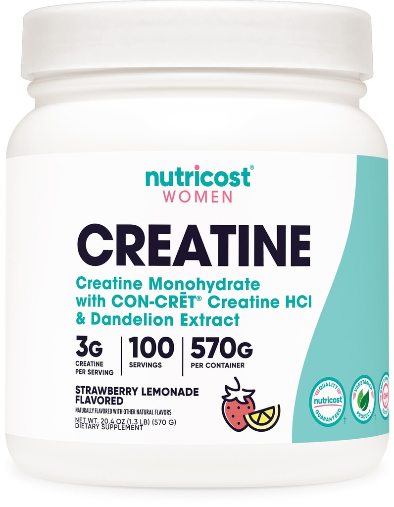 여성을위한 Nutricost Creatine Monohydrate 분말, Micronized, Strawberry Lemonade, 100 서빙 - 채식, Non-GMO, 글루텐 무료