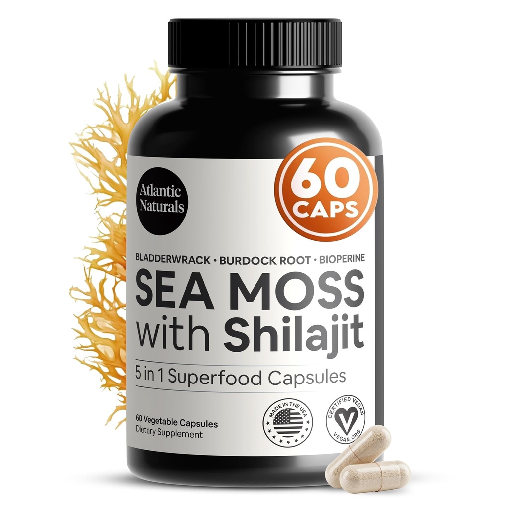 Atlantic Naturals Sea Moss and Shilajit Capsules – 5-in-1 Seamoss Shilajit Combo with Bladderwrack, Burdock Root & Black Pepper – Sea Moss Supplements for 흡수 및 활력 – 2705 mg – 60 카운트