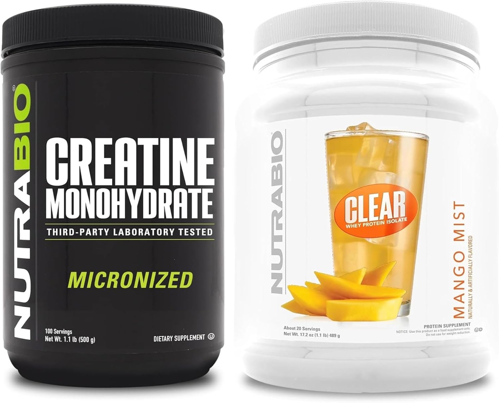 NutraBio Creatine Monohydrate, Unflavored, (500 g) 및 Clear Whey Protein Isolate, (Mango Mist) 보충교재 번들 - 근육 에너지, 최대 성장, 회복 및 힘