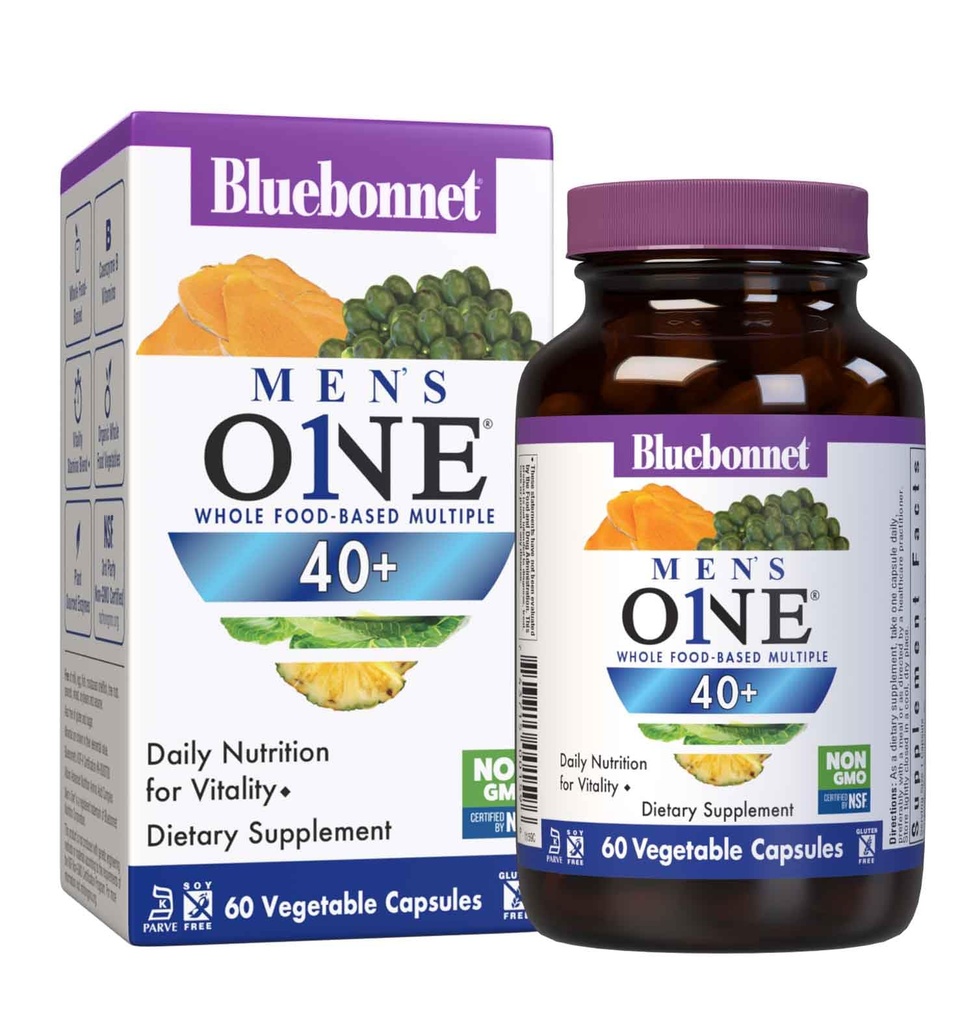 Bluebonnet Nutrition Mens' ONE 40 + 전체 식품 기반 다중, 남성 멀티 비타민 40 +, Soy-Free, Non-GMO, 글루텐 무료, Kosher, 60 야채 캡슐, 60 서빙