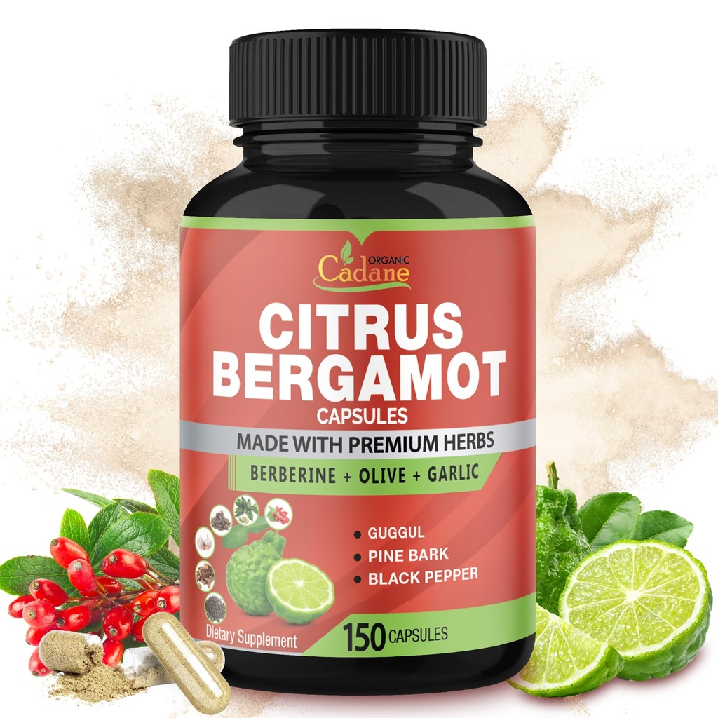 Cadane Citrus Bergamot 보충은 Berberine, Olive, Guggul, Garlic, Pine Bark, Black Pepper와 캡슐을 보충합니다 - 5 달 공급을 위한 150의 모자