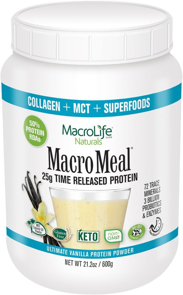 MacroMeal Omni Protein by MacroLife Naturals – 25g Protein – Hydrolyzed Collagen Peptides (90%) – 글루텐 & 호르몬 무료 – 지속 에너지에 적합한 Keto & Paleo - MCT 코코넛 오일 함유