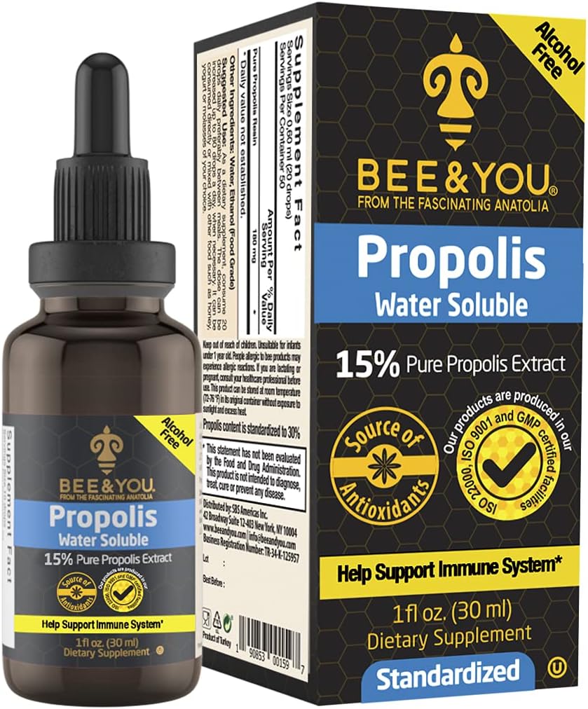 BEE 및 15 % 순수 프로 폴리스 수용성 추출물 - 높은 효능 - Zero Sugar - Zero Calorie - Natural Immune Support & Sore Throat Relief 산화 방지제, Keto, Paleo, 글루텐 프리, 1 Fl Oz