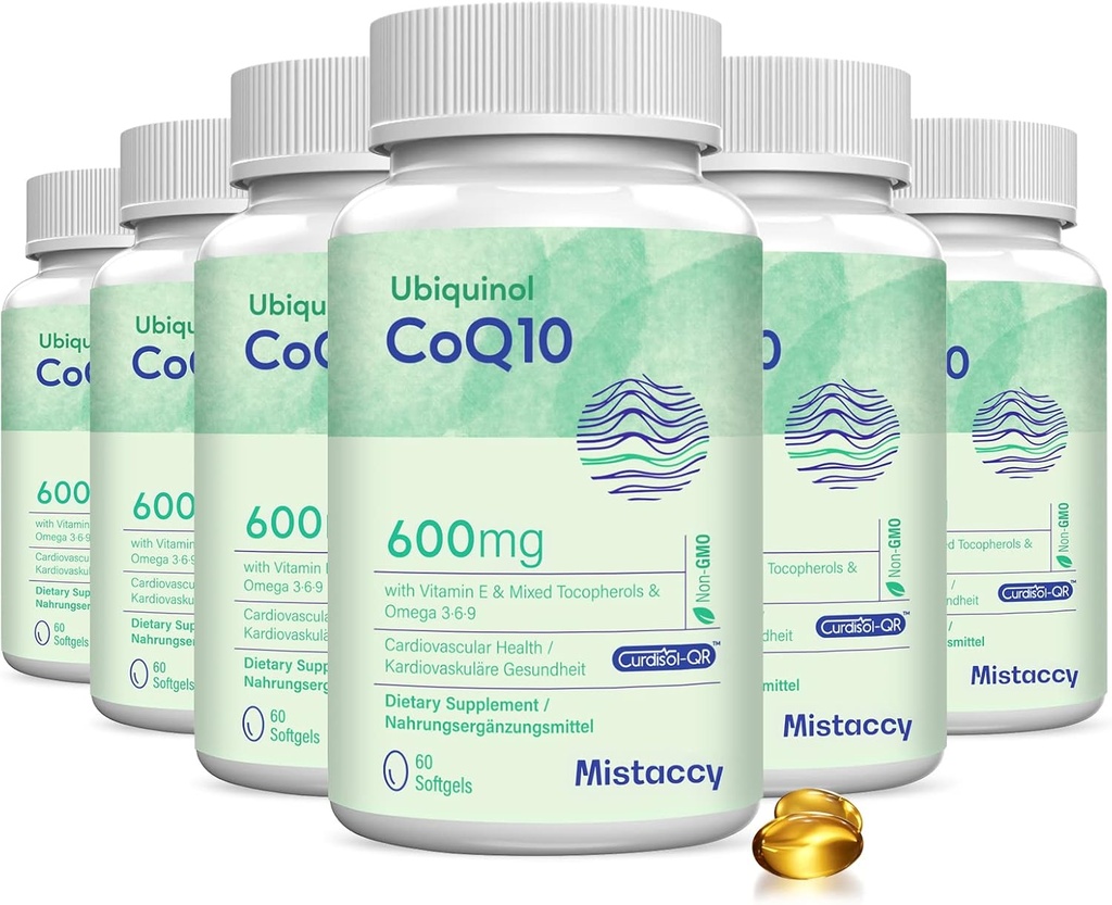 CoQ10 600mg Softgels | 높은 흡수 CoQ10 Ubiquinol 보충교재 | 비타민 E & Omega 3 6 9로 강화되는 감소된 모양 | 건강에 좋은 산화 방지제 Powerhouse | 360 Softgels