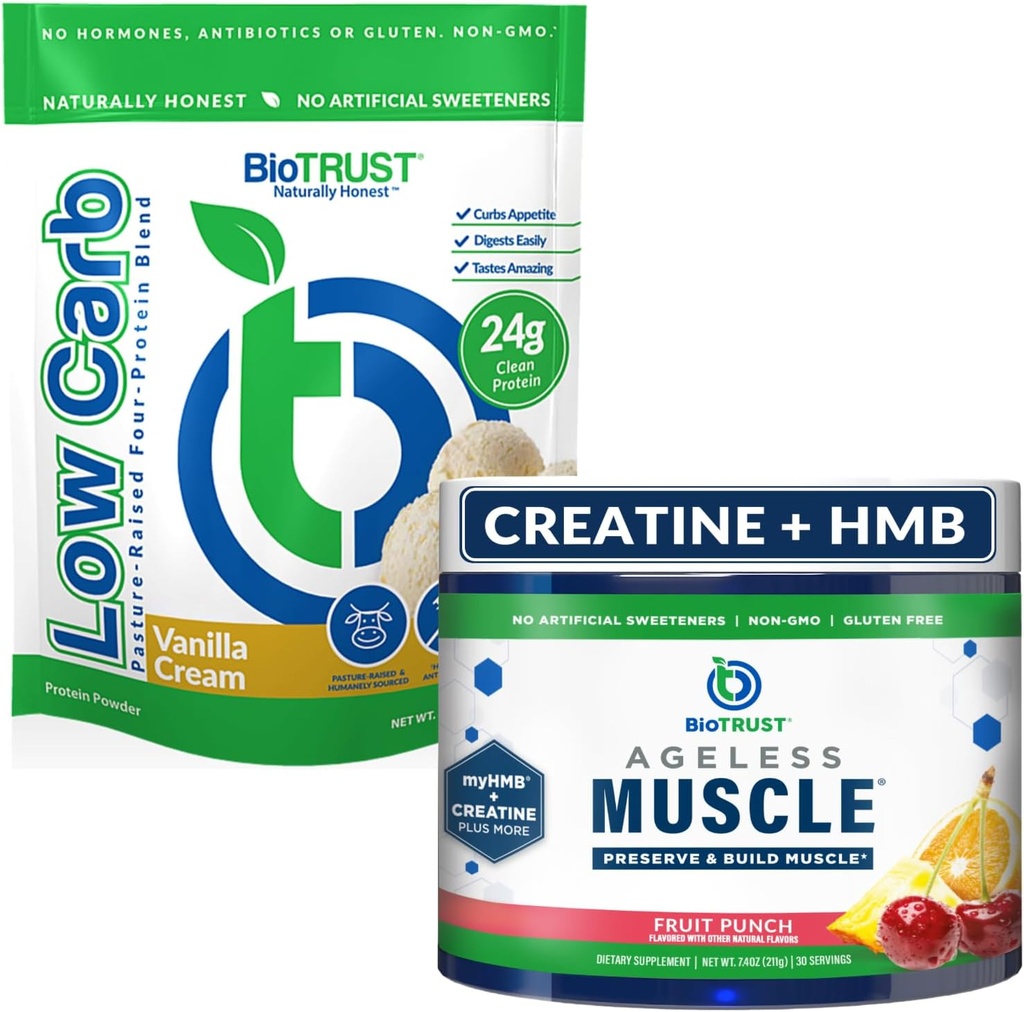 BioTrust Ageless Muscle (Fruit Punch) 및 낮은 Carb Multi Protein (Vanilla Cream) 번들
